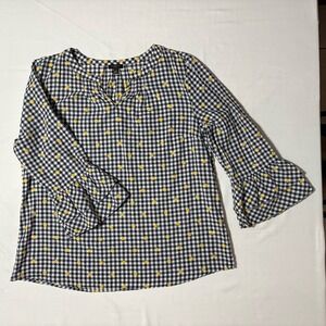 Talbots Gingham Print Top Embroidered Yellow Flowers And Bell Sleeves XL Petites